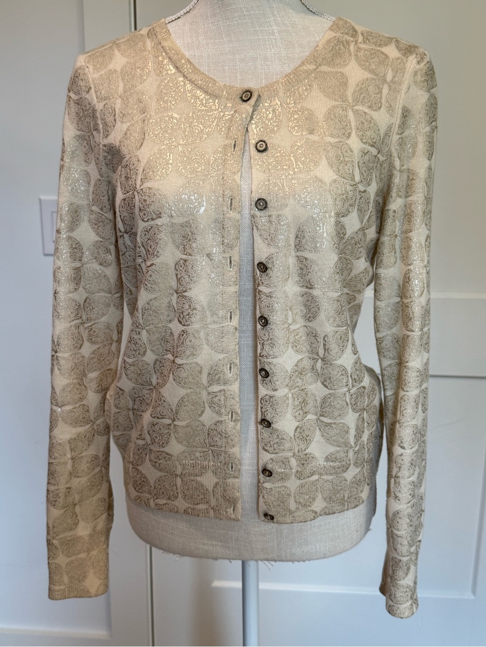 John Robshaw for Lucky Brand Metallic Floral Cardigan Sweater Size Small